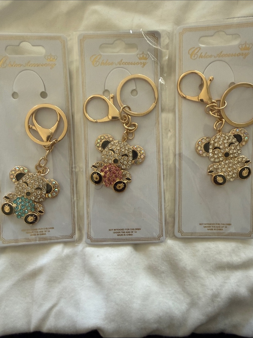 Rhinestone Teddy Bear Keychain with Gold Hardware - Multiple Colors